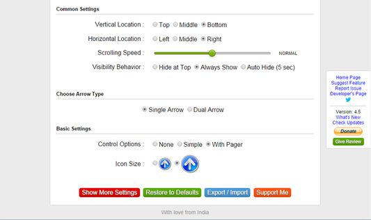 Settings page of Scroll To Top.