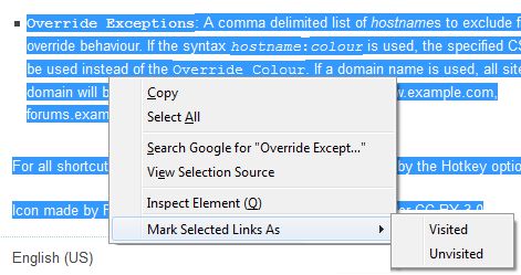 Context menu with selection: Marks Selected Links as Visited or Unvisited