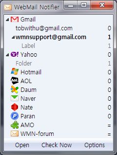WebMail Notifier window