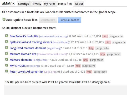 Hosts files allow to automatically blacklist thousands of hostnames.