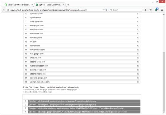 options page and live list of blocked urls