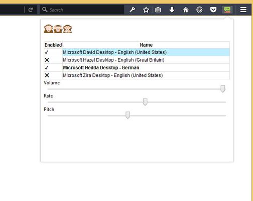 in the first column enable voices / language, click second column to set rate pitch volume for each voice