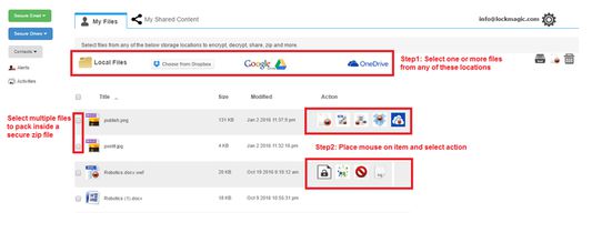 Encrypt, Decrypt, Track and Manage content on GDrive, OneDrive, Dropbox or Local device using web browser and without granting consent to access your cloud drive.