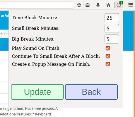 This is the options menu. You can set your own times for the different timers, and decide on various things such as a ring upon an ending timer, a popup, or continuing straight to the small break session.