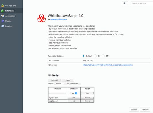 Preference page to manage the whitelist and the webextention