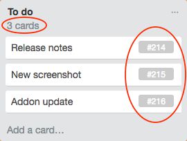 Card counter of the column and card ids in the board page.