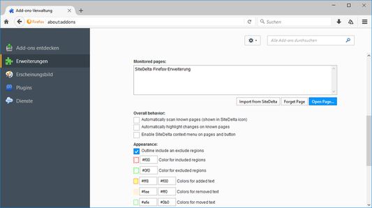 SiteDelta Highlight settings, including the option to import pages from SiteDelta