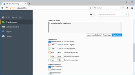 SiteDelta Watch settings, including the option to import pages from SiteDelta