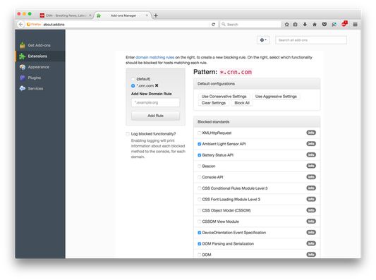 Control which domains and sites have access to which portions of the web API.  You can, for example, prevent facebook.com from having access to the Ambient Light Sensor.