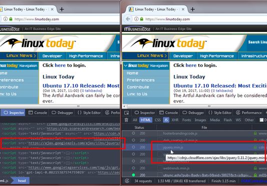 DOM inspector and network inspector showing the switcharoo.