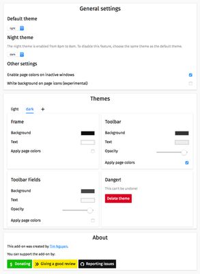 Settings page