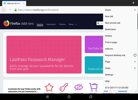 Support Firefox 55+ for Android as menu item.