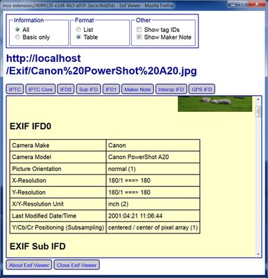 Typical EXIF display (partial) in tabular format