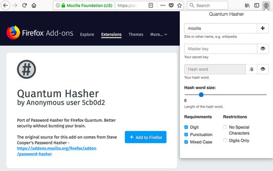 Quantum Hasher activated on addons.mozilla.org.