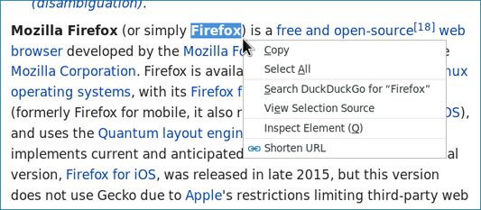 The context menu offers an entry to shorten the active page. Selected text will be nominated as a keyword for the short URL.