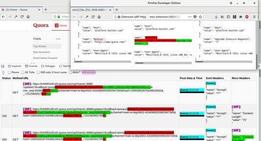 Click Post data or Headers cell or question marks (under URL expanded) to open windows to view the diff.