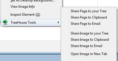 Context menu showing the multiple options for sharing a page or image and the option to open the image in a new tab to your tree, email or clipboard.