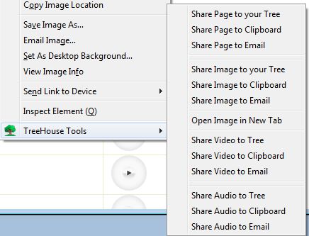 Context menu for sharing page, video, audio or link to your tree, email or clipboard.