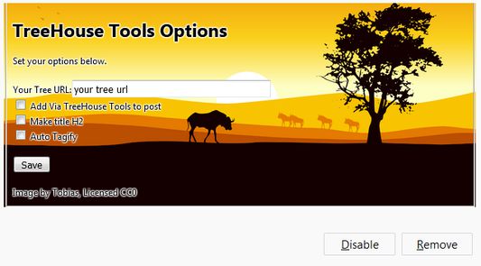Options page:
Your Tree URL: This is the Libertree server (Tree) that you login to. - Required
The items below are optional and off by default.
Add Via TreeHouse Tools to post: Check if you want to help promote TreeHouse Tools
Make Title H2: Large, Bold and Center the title of the post (Web page title you are sharing
Auto Tagify: Create auto tagged words from the web page title you are sharing