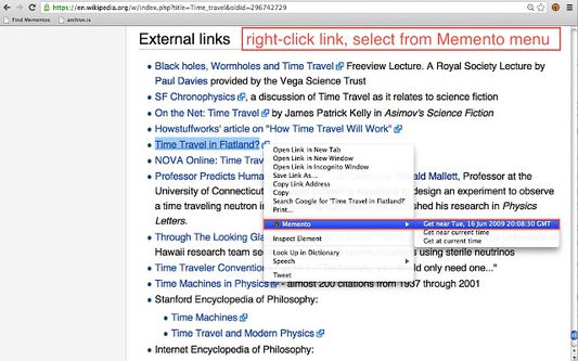 Right-click any link in the page and select from Memento menu.