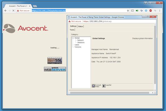 The main screen when connecting to the Avocent SwitchView. Choose the Connect Video button from the popup