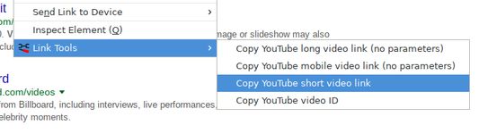 Right-clicking on a YouTube video link offers several things to copy to the clipboard.
