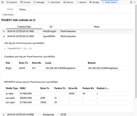 A new media panel is created under developer tools. It displays information about webrtc elements on the webrtc tab for the current page.