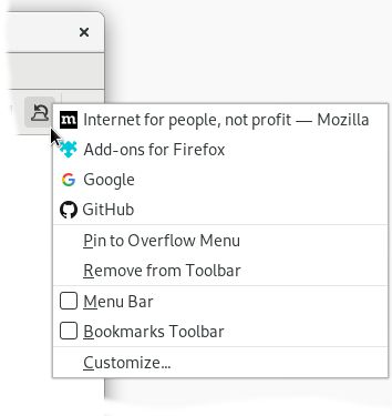 A list of the last closed tabs can be found in the context menu of the button. You may pick any tab in this list to get it restored.