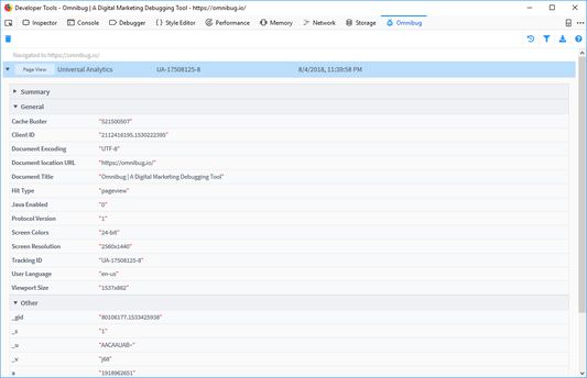Omnibug in action, showing a Google Universal Analytics call