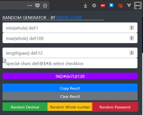 This is me generating a simple password of 12 lengths (default password length is 12), and making use of the default special characters.

Yay a quick and easy password. Don't need to visit a password generator website again....