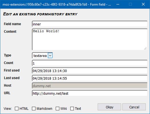 Form history text entries can be viewed, edited or added manually.