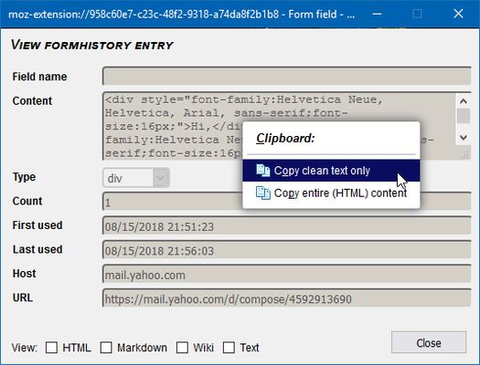 When viewing details of a formhistory entry, right-click gives access to clipboard copy actions