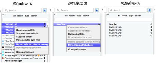 Although cross-window features are not strongly supported, you can move tabs between windows. Select tabs, r-click, click 