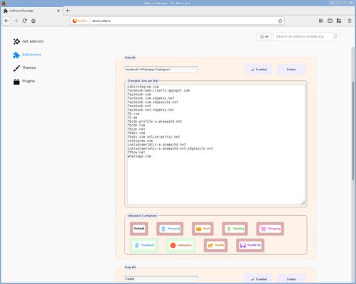 Example settings page - limiting Facebook to two specific containers