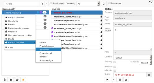 Global view of the windowed mode, with contextual menu above the domains list. Private browsing and contextual identities are supported. Badges allow to quickly see the belonging of cookies to their container.