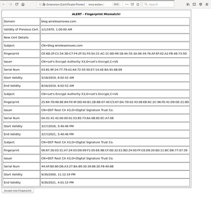 When a certificate is pinned and a different cert is presented for a web site, an alert tab is opened with details and a button to accept the changes.