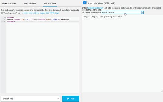 The Voice & Tone test tab gives you more room and also lets you experiment with SpeechMarkdown.