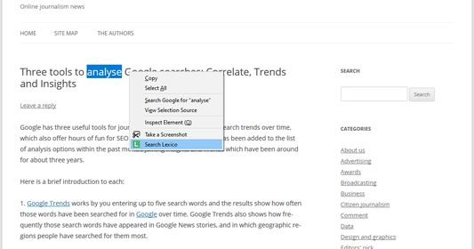 Select text on any page, right-click and search for a definition.