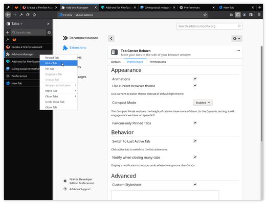 Dark theme, compact tabs, tab context menu and settings