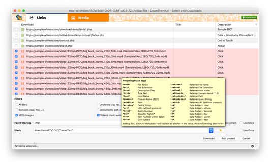Quickly select links using advanced filters, automatically name files and folders with highly configurable masks