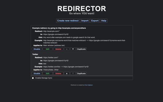 The UI for editing redirect in dark mode.