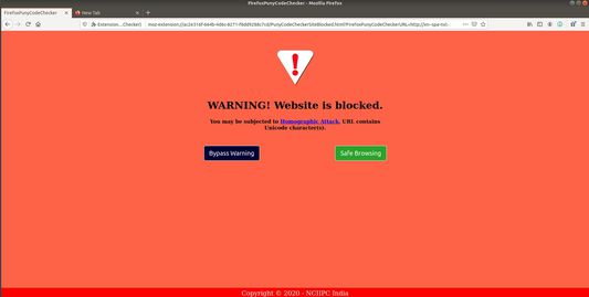 Whenever an user enters an URL with non-ASCII characters, PunyCodeChecker extension will prompt a warning page. It is now up to the user whether to proceed with the URL, he has entered or navigate to safe browsing.