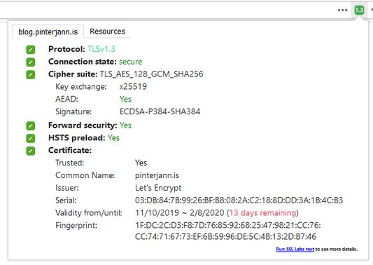 Popup displays detailed SSL/TLS security information