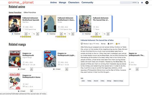 anime/manga related content hover feature