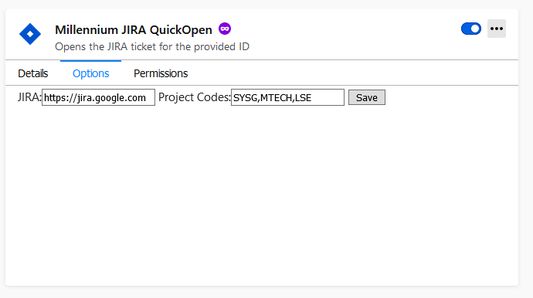 Specify the JIRA web URL and project codes in extension options