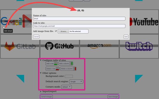 Customizable elements: sites, table dimensions, background color, etc.