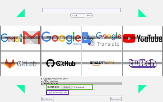 The export button for downloading the .json file with the current configuration (purple) and a file picker to import a .json file (green)