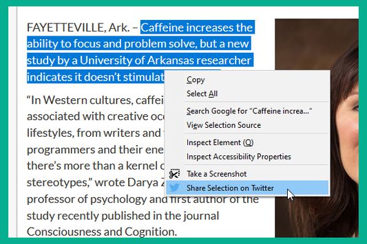 select text and right click to share that on Twitter