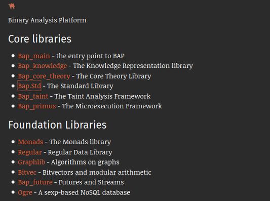 Bap's API main page. In the typical OCaml color.
