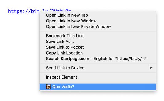 Context menu of a link, showing the Quo Vadis menu option.